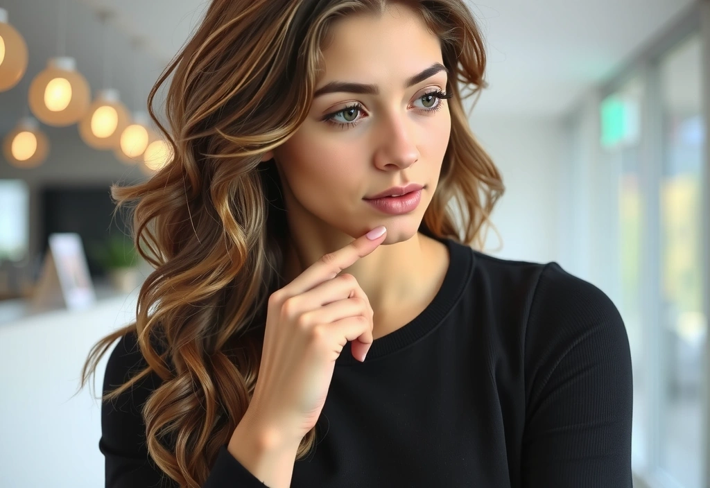 Eine Frau, die eine Liste von Fragen durchgeht und nachdenklich aussieht, um die FAQ-Sektion zu ergänzen.