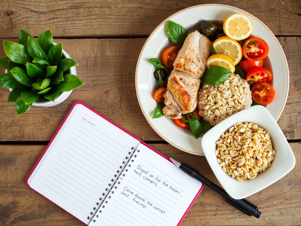 Ein wunderschön angerichtetes, gesundes Gericht auf einem Teller, daneben ein Notizbuch und ein Stift, was auf Essensplanung hindeutet.