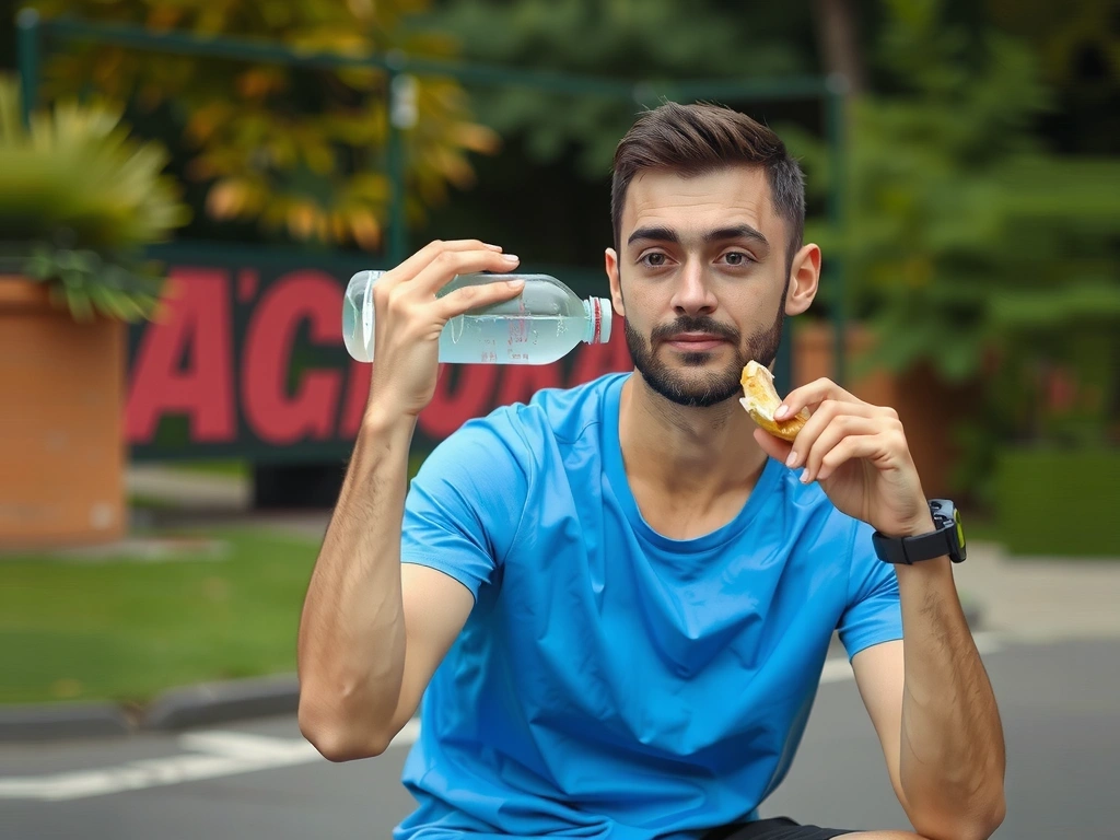 Ein Athlet genießt nach dem Training einen gesunden Snack oder ein Getränk, wobei der Fokus auf Energie und Erholung liegt.