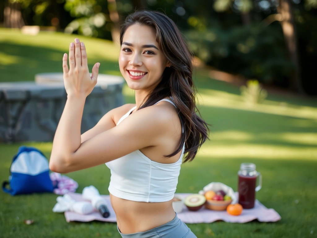 Eine lächelnde Person macht leichte Dehnübungen, im Hintergrund gesunde Lebensmittel, die Gewichtsmanagement symbolisieren.