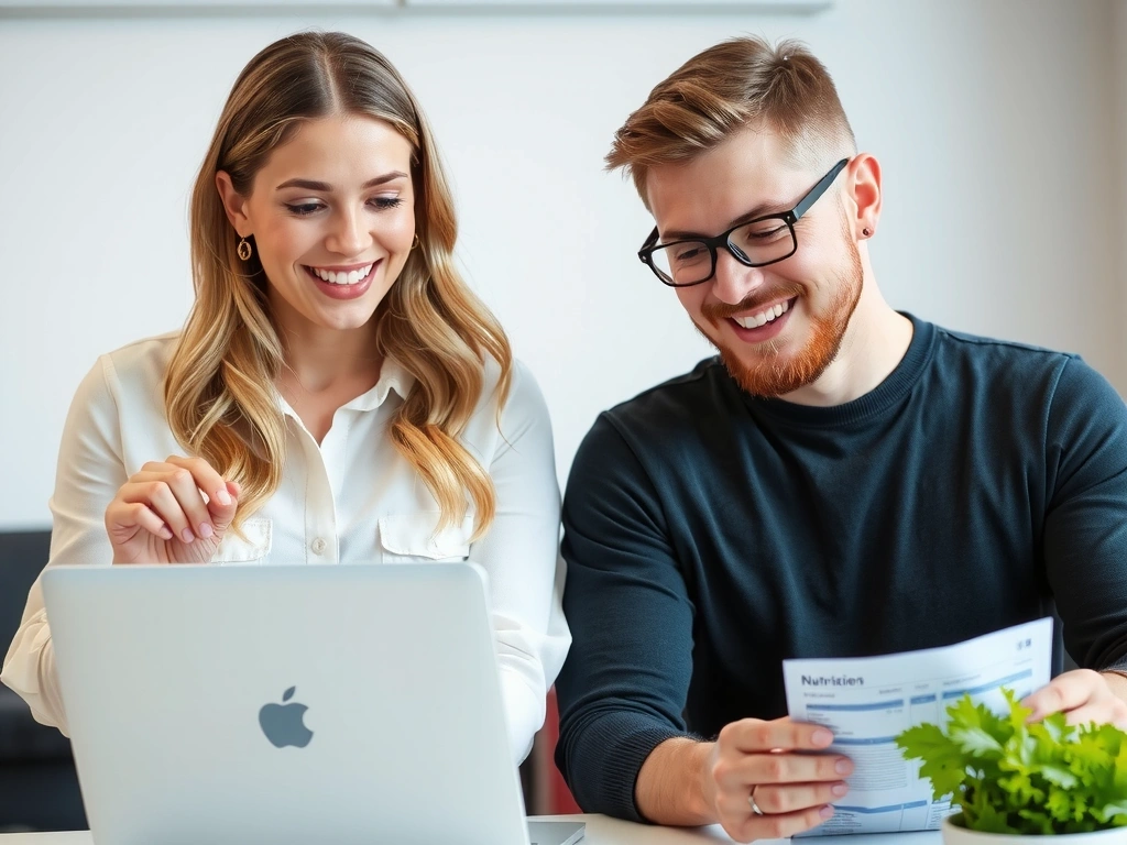 Eine Ernährungsberaterin spricht freundlich mit einem Klienten, während sie auf einen Laptop oder Ernährungstabellen schauen.