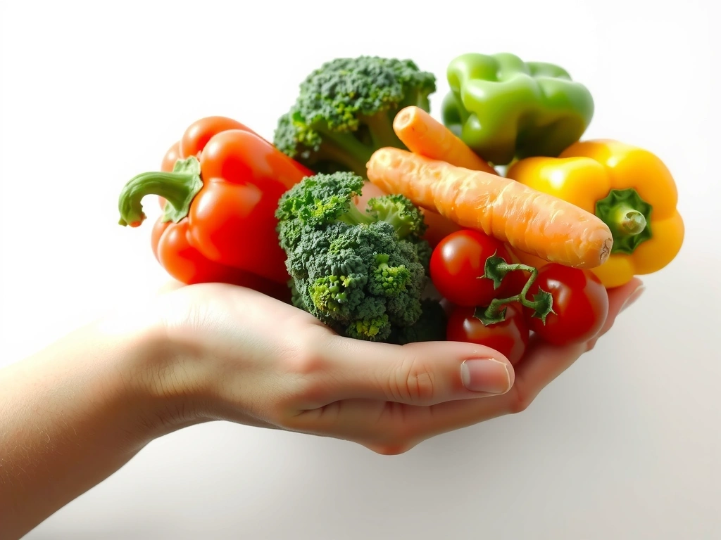 Eine sanfte Aufnahme einer Hand, die eine Auswahl an farbenfrohem, gesundem Gemüse hält, was Heilung und Fürsorge durch Ernährung symbolisiert.
