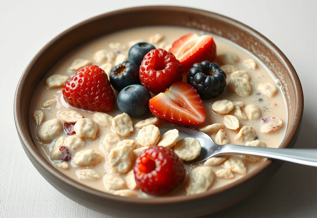Eine Schale mit frischen Beeren und Haferflocken, die ein gesundes Frühstück repräsentiert.