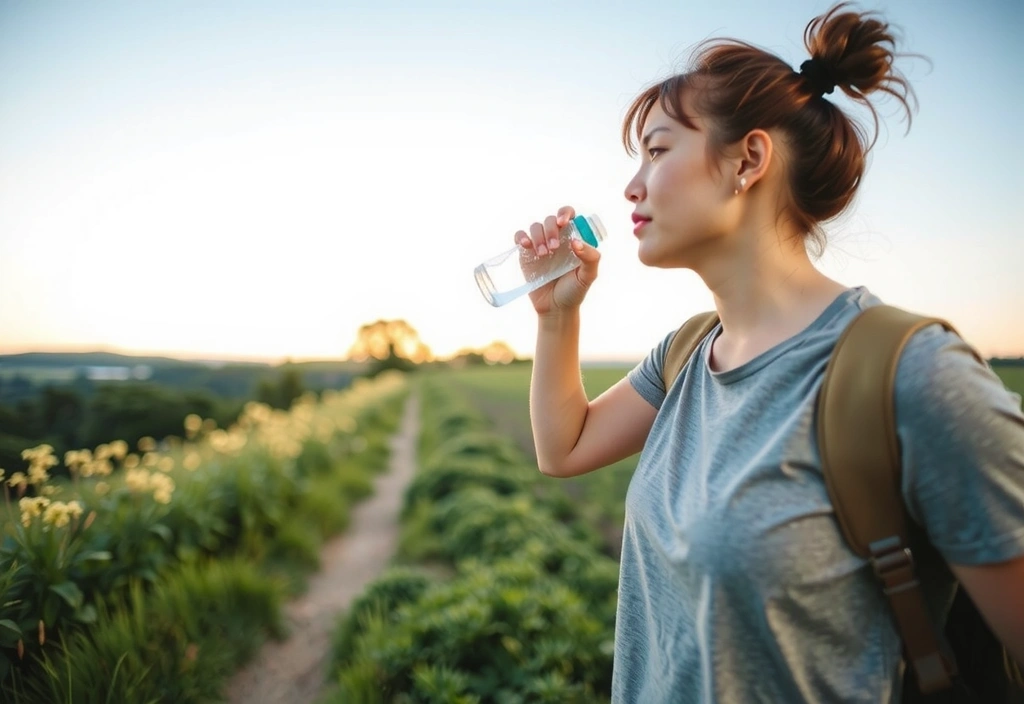 Eine Person trinkt Wasser aus einer wiederverwendbaren Flasche während eines Spaziergangs, symbolisierend Hydration und Wohlbefinden.