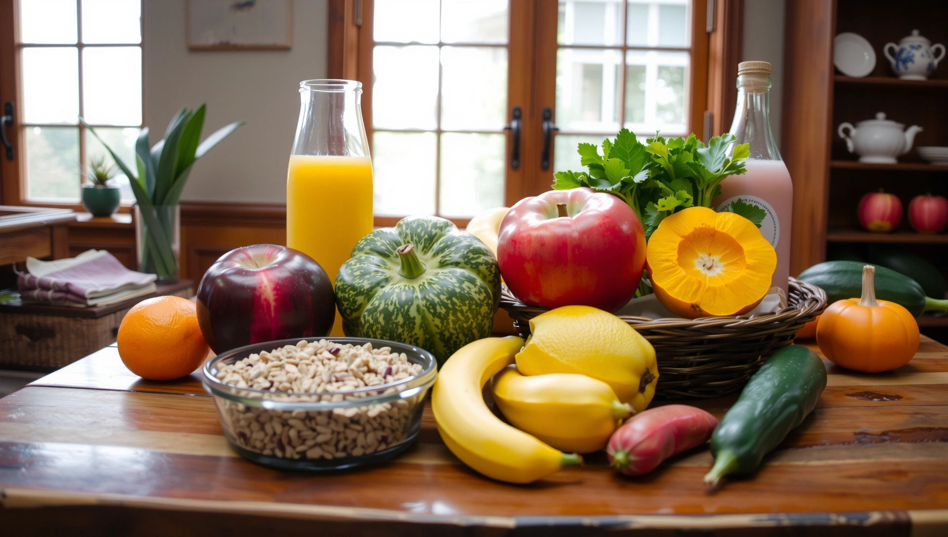 Eine lebendige und frische Anordnung von gesunden Lebensmitteln (Früchte, Gemüse, Getreide) kunstvoll auf einem Holztisch, mit weichem natürlichem Licht.