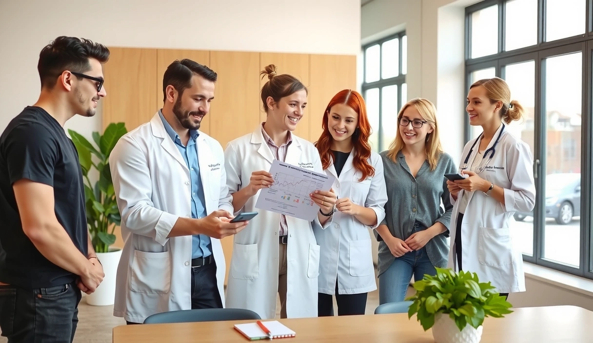 Ein Team von lächelnden Ernährungsberatern, die in einem modernen Büro zusammenarbeiten und Ideen austauschen.